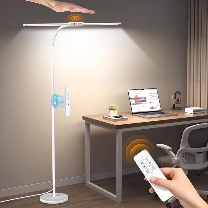Syrinx LED Floor Lamp, 18W 2000LM Bright Reading Floor Lamp, Dual Head Gooseneck Standing Lamp, Smart Motion Sensor, Remote Control, Dimmable Brightness & Color Temp, for Living Room Bedroom Office