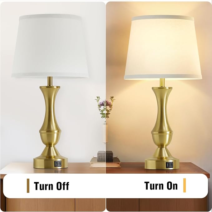 Luvkczc 22" Gold Table Lamps Set of 2 - Modern Luxury Bedside Lamps with White Fabric Shade, Dimmable & Dual USB C+A Ports, Nightstand Lamps for Bedroom/Living Room (Bulb Included)