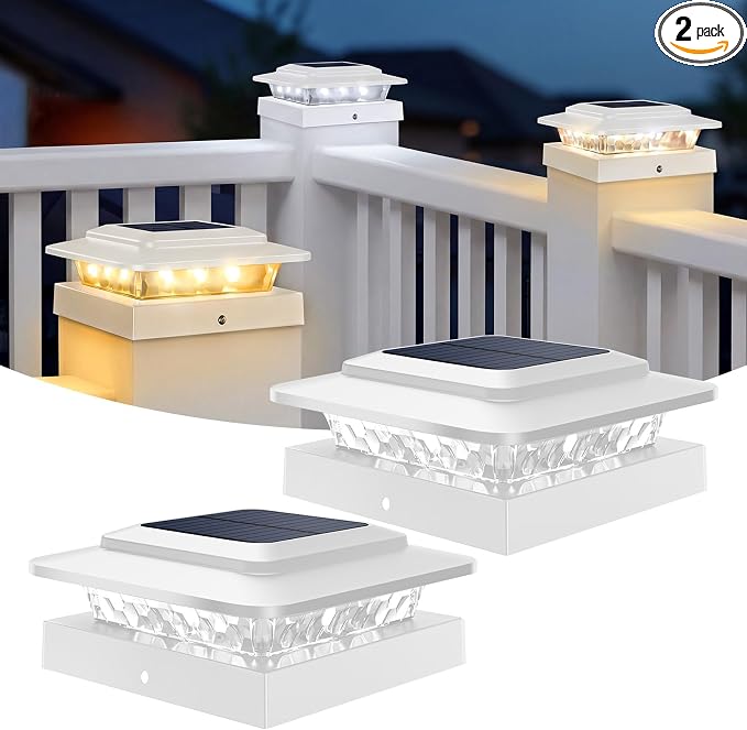 kolpop 4x4 Solar Post Cap Lights Outdoor 2Pack- 3 Color Temperatures&2 Level Brightness, IP65 Waterproof, 16 LED Fence Deck Post Light Solar Powered Only for 4×4/3.5×3.5 Wood/Vinyl Posts(White)