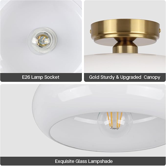 Semi Flush Mount Ceiling Light Fixture, 11'' Vintage Mid-Century Gold with White Milk Glass Shade, Modern Farmhouse Lighting for Kitchen, Hallway, Bedroom, Foyer, Laundry Room, Schoolhouse