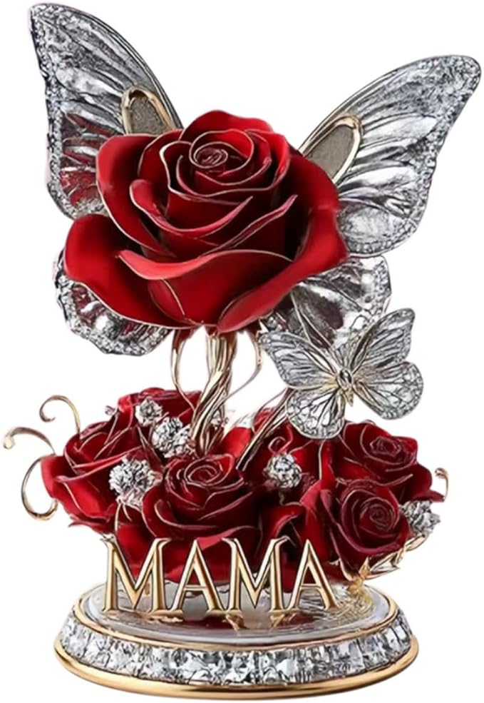 Mother's Day Decor Rose Flower Ornaments 2D Acrylic Desktop Ornament Rhinestones Butterfly Designs DIY Crafts Decoration Gift Mothers Day Flat Ornament for Home Tabletop Decor