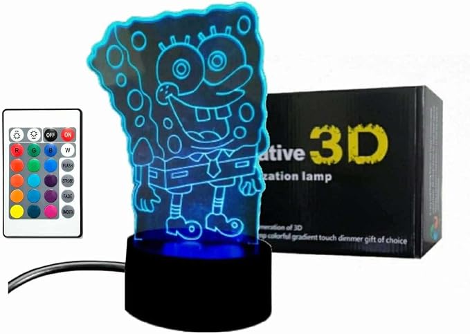 Sponge Bob 3D Illusion Night Light. USB Cable or Battery Support Touch Sensor Mode with Multiple Colors Changing.