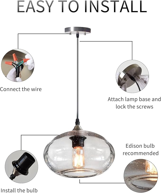 ARIAMOTION Pendant Lights Kitchen Island Hand Blown Glass Hanging Light Fixtures Modern Rustic Clear Seeded Bubble Sink Coffee Table Bedroom Dining Room Oval Lamp 9.4 inch Diam