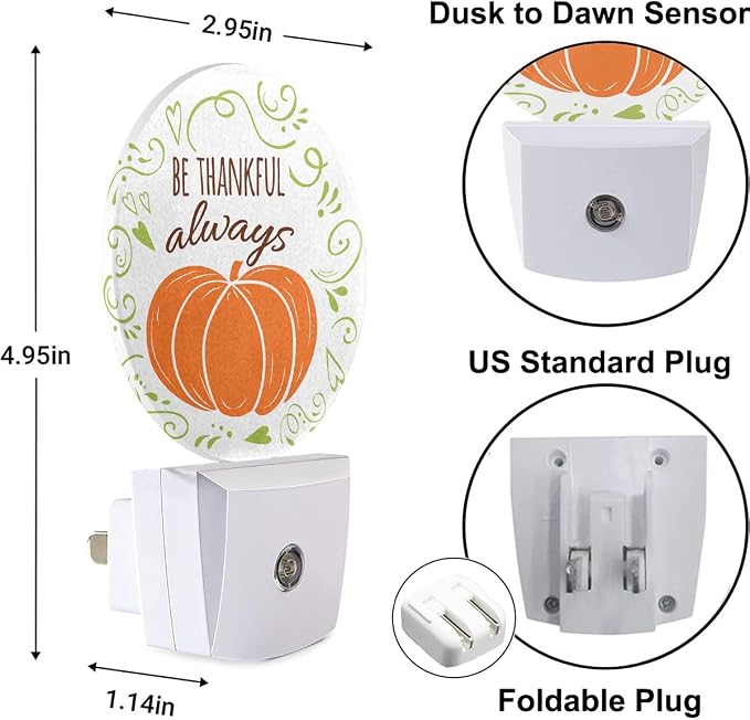 Be Thankful Always Decorative Night Light Plug in Pumpkin Thanksgiving Day Auto LED Lighting Energy Saving Round Lights Gifts for Boys Girls Men Women