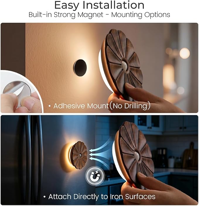 Motion Sensor Night Light Indoor, Rechargeable Wooden Flower Lamp | Black Walnut Carved Fflower Sensor Light, USB-C Rechargeable, Magnetic Mount, Warm Light for Bathroom, Hallway, Home Decor
