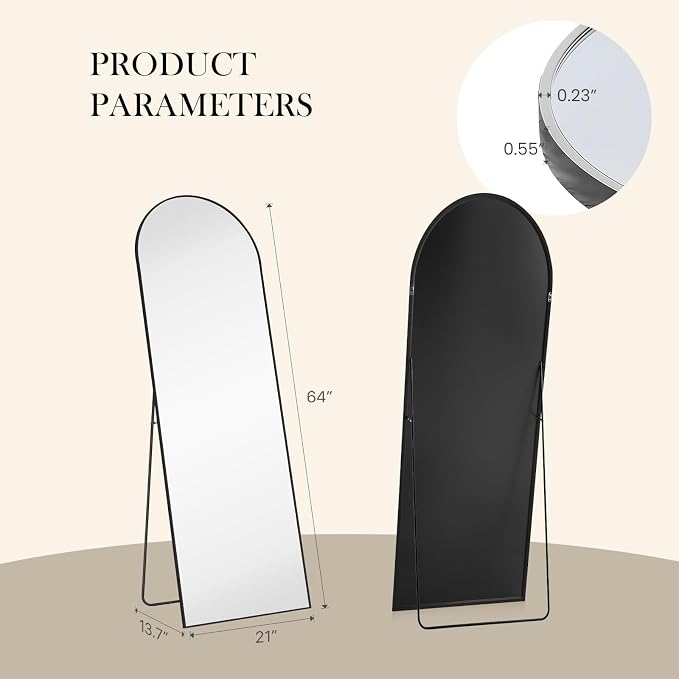 Arched Full Length Floor Mirror, 16"x59" Body Wall Mirror with Stand | Shatter-Proof Nano Glass, Tall Standing, Hanging or Leaning, Aluminum Alloy Frame for Bedroom, Modern Home Decor, Black
