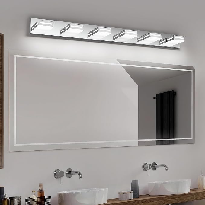 LED Modern Bathroom Light Fixtures, 6-Light 48-Inch Chrome Vanity Lights for Bathroom Lighting Fixtures Over Mirror, 6000K Cool White 350° Rotatable Wall Lamp