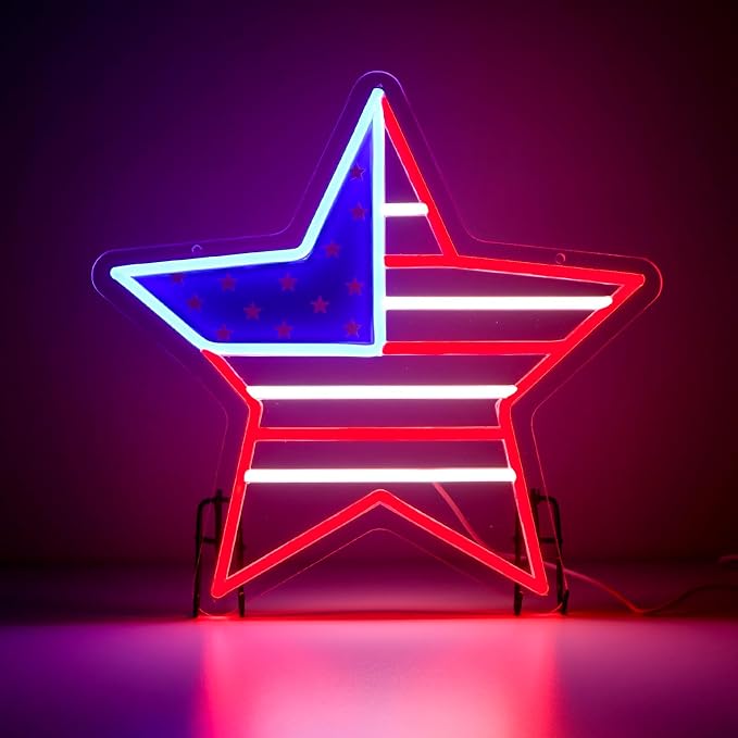 American Flag Star Neon Sign, 4th of July LED Decor | Dimmable Patriotic LED Light, USB Powered, 4th of July Decor, Includes Chain & Hooks, Red White Blue