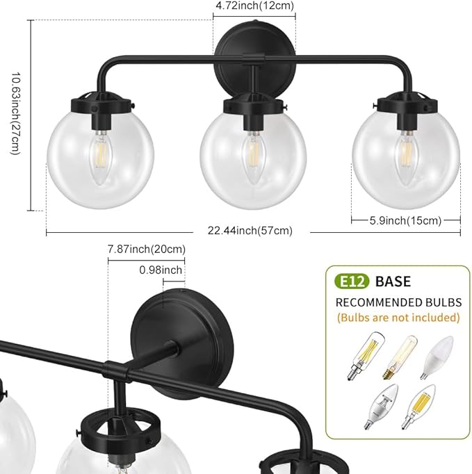 Black Bathroom Vanity Light Fixtures Over Mirror, Modern Matte Black 3 Lights Wall Sconce Lighting with Transparent Glass Ball Shade, Mid Century Farmhouse Vanity Lights