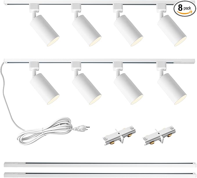 Plug in Track Lighting with Power Cord, 8-Light GU10 Track Lighting Kit with 6.6FT H Type Track Lighting Rails, Modern Kitchen LED Track Lighting Fixtures Ceiling Spot Light, White (No Bulbs)