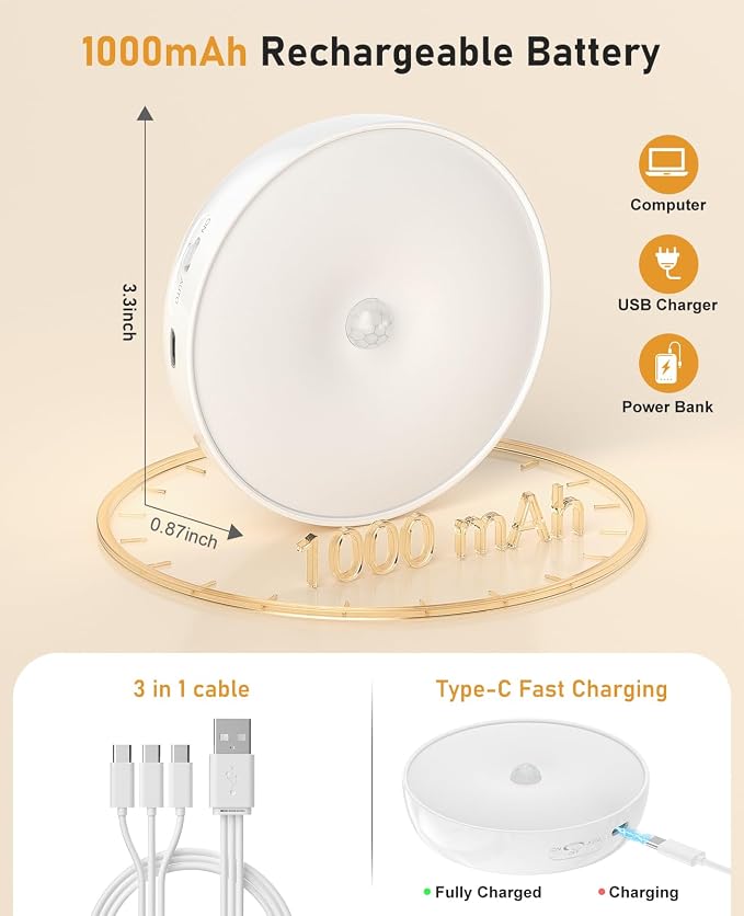 Motion Sensor Closet Lights, USB-C Rechargeable Under Cabinet Puck Lighting, Dimmable Battery Powered Step Lights for Kitchen, Stairs, Wardrobe, Auto-On/Off Night Lamp