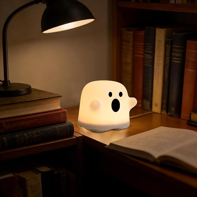 Ghost Night Light, Cute White Night Lamp for Bedroom USB Rechargeable Lamps Adjustable Brightness, Nursery Bedside Delay-Off Nightlight for Birthday Gift Halloween Christmas