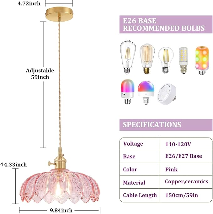 Shenmoyl Pendant Light with Pink Scindapsus Glass Lmapshade, Brass Vintage Pendant Light Adjustable Hanging Light for Kitchen Island Dining Room Hallway
