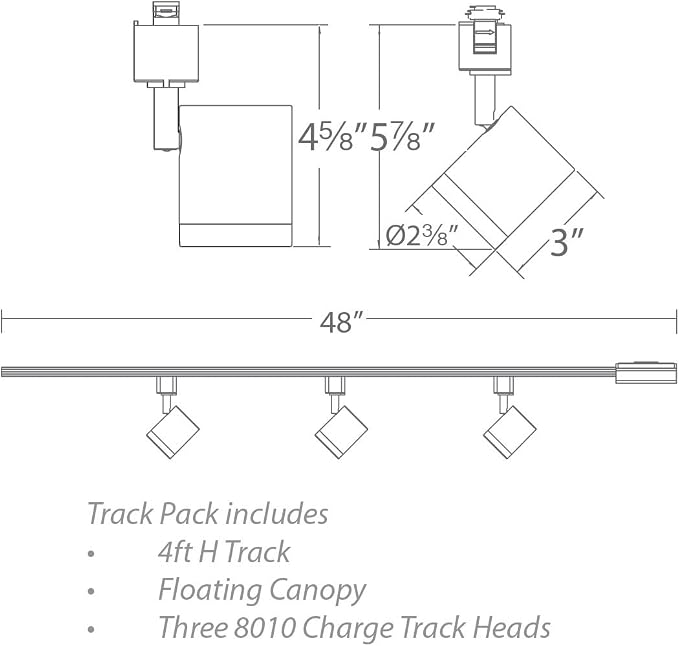 WAC Lighting Charge 8010 LED 27W 3 Light Track Kit with Floating Canopy Feed and 4Ft Track with End Caps 3000K Warm White Heads Fully Dimmable in Black
