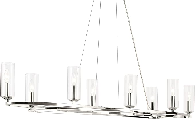 Kichler Harpin 8-Light Linear Chandelier, Sloped Ceiling Compatible, for Dining Room or Kitchen with Clear Glass in Polished Nickel
