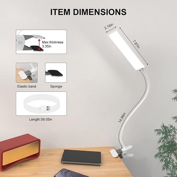LED Desk Lamp, 5W USB Clip on Light Eye-Caring Reading Clamp Table Lamp with 48 LEDs Flexible Neck, 3 Color Modes and 14 Brightness Levels for Office Bedroom Study (White)