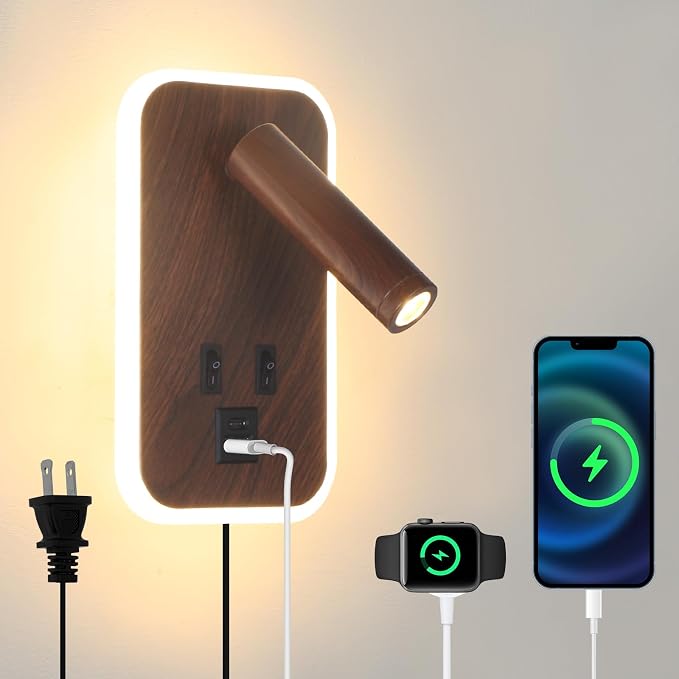 Wall Sconce Plug in with Wall Mounted Reading Lights with Switch | Wall Lights for Bedroom with USB C+A Ports, Bunk Bed Lights with 9W Night Light, Walnut Color Reading Light Adjustable Angle