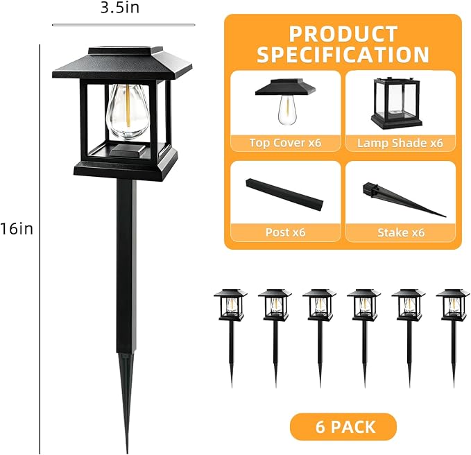 Solar Pathway Lights 6-Pack for for Yard Walkways | IP65 waterproof solar landscape lights. High-efficiency panels provide auto dusk-to-dawn glow for yard and driveway security