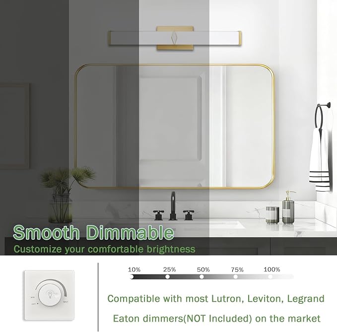 24 Inch Bathroom Vanity Light 2500LM, AC 120V 5CCT Modern Bathroom Lighting Fixtures Over Mirror Dimmable, 25W Gold LED Vanity Lighting Fixtures Wall Sconce ETL Certified, 1Pack