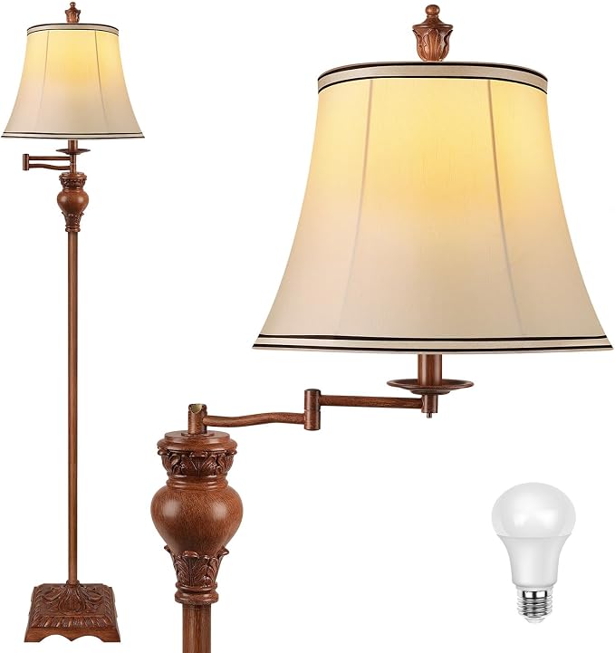 Vintage Floor Lamps for Living Room,Traditional 350° Adjustable Swing Arm Farmhouse Floor Lamp for Bedroom, Rustic Standing Lamp Pole Lamps for Reading, Home Décor and Office, Wood Grain