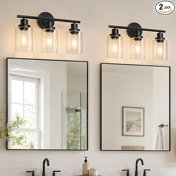 2 Pack Modern Bathroom Light Fixtures, 3 Light Vanity Lights, Black Wall Lamp with Clear Glass for Bathroom, Mirror, Living Room, Bedroom, Hallway, E26 Base
