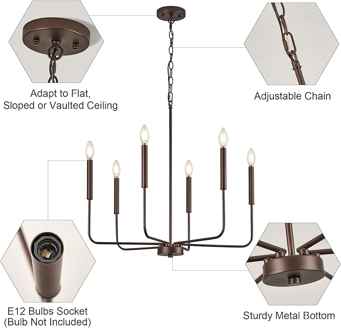 Modern Oil-Rubbed Bronze Chandelier for Dining Room, Metal 6-Light Kitchen Light Fixtures, Farmhouse Candle Hanging Pendant Light for Living Room Entryway Foyer Bedroom (Bulbs Not Included)