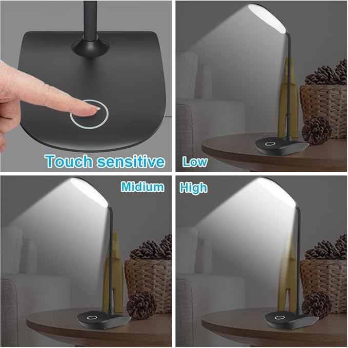 DEEPLITE 2 Pack LED Desk Lamp with Flexible Gooseneck 3 Level Brightness, Battery Operated Table Lamp 5W Touch Control, Compact Portable Rechargeable Desk Lamp for Dorm Study Office Bedroom - Black
