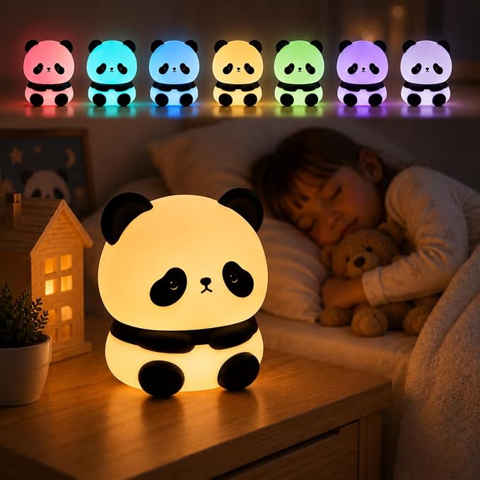 Cute Panda Night Light for Kids, 7-Color Changing Silicone Squishy Lamp, Tap Control USB Rechargeable Portable Night Light for Baby Nursery, Bedroom Desk Decor, Birthday Christmas Gift