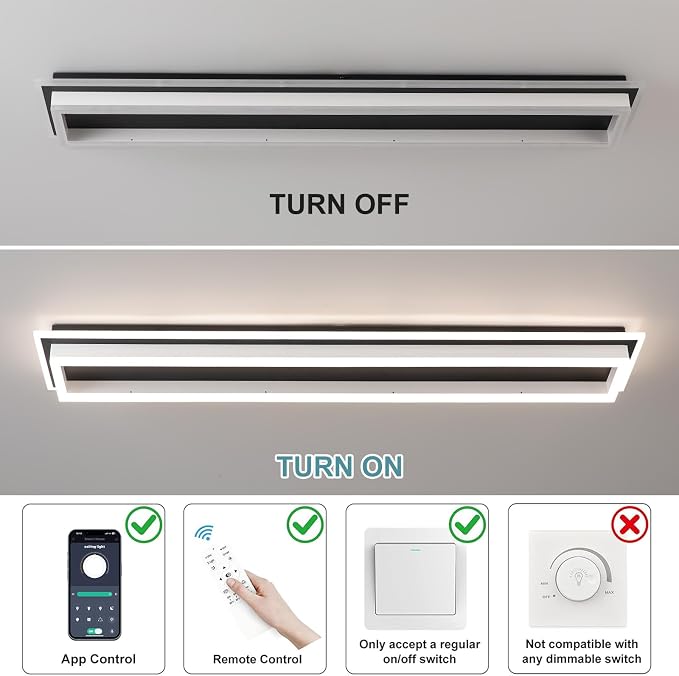 Dimmable Led Ceiling Light with Remote Control Modern Linear Flush Mount Ceiling Lighting Fixture Acrylic Long Ceiling Lamp for Living Room Kitchen Dining Room Hallway (Black&White,39.3inch)