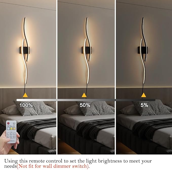 Daunton Modern Plug in Wall Sconces Set of Two, RC Dimmable LED Plug in Wall Light, Black Sconce Wall Lighting for Living Room, Hallway, Bedroom