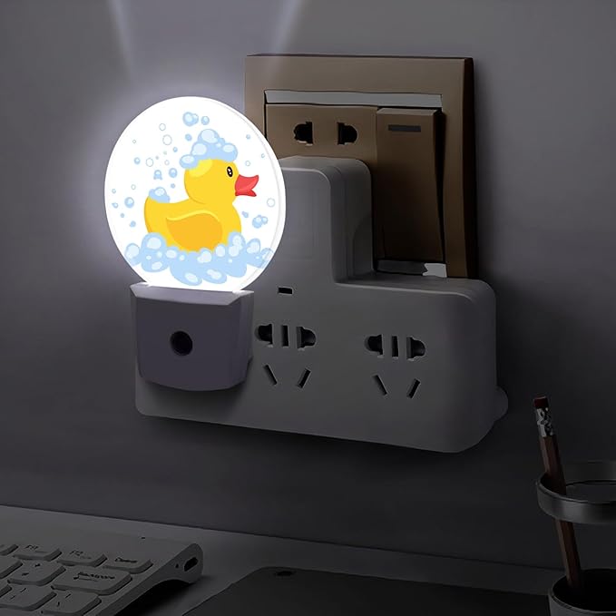 Round LED Night Light,Cartoon Yellow Rubber Duck LED Night Light Plug into Wall with Dusk to Dawn Light Sensor White Energy Efficient Nightlight for Bedroom Bathroom Hallway LivingRoom Kitchen