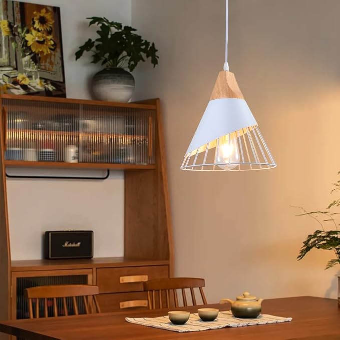 White Pendant Lights Kitchen Island,White Pendant Lights Farmhouse,Adjustable Wood Hanging Light Fixture,Industrial Pendant Lighting for Dining Room,Living Room,Bedroom,Hallway,Kitchen,Bar