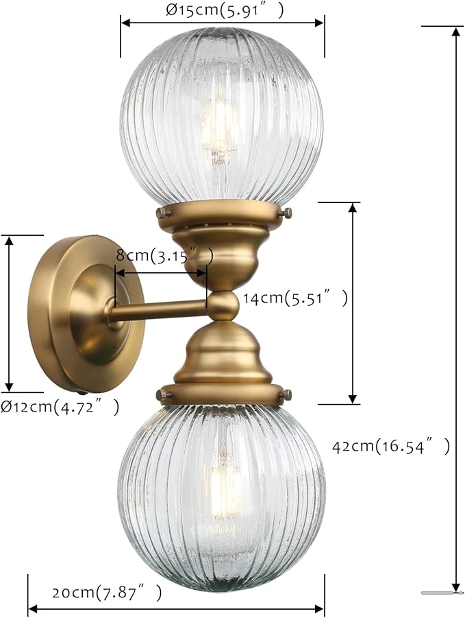 Pathson 2 Lights Striped Glass Wall Sconces, Modern Bathroom Sconces Wall Vanity Light Fixtures Brass Finish, Vintage Wall Sconce Lamp for Living Room Bedroom Farmhouse Lighting