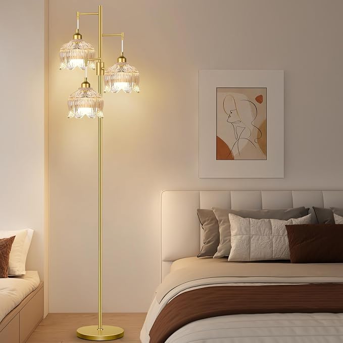 ZECOXOL Gold Floor Lamps for Living Room Bedroom-3 Light Glass Floor Lamp with Three Led Bulb,Mid Century Standing Lamp Vintage Brass Tall Lamp Tree Floor Lamp