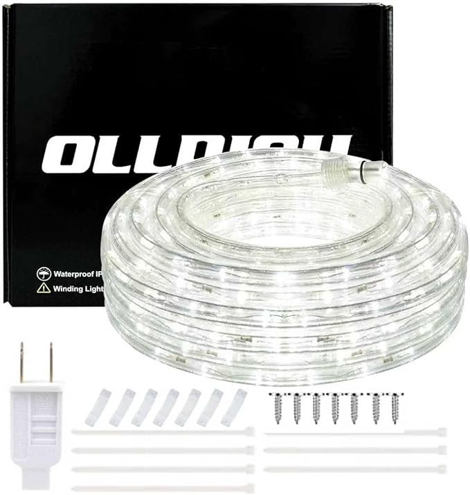 20ft LED Rope Lights, IP65 Waterproof Connectable 110V 6000K 144LED Daylight White Rope Lighting, Flexible Plug-in String Lights for Outdoor Indoor Patio Christmas Halloween Party Decoration