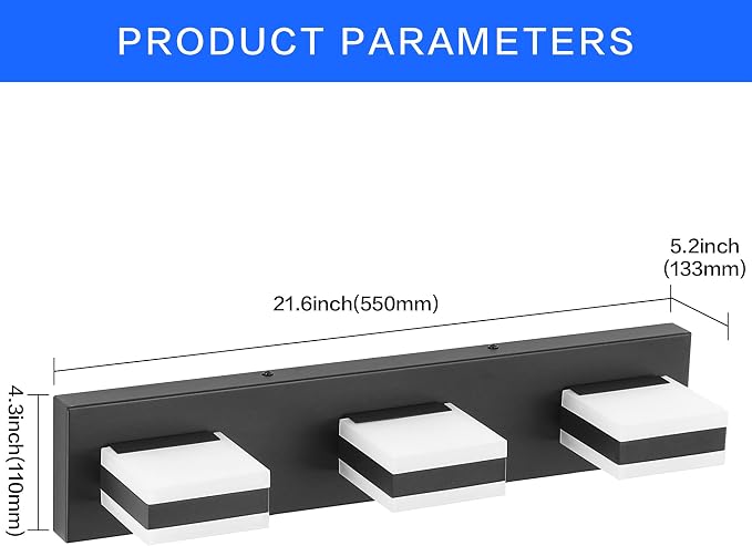 SOLFART Vanity Lights for Bathroom, Black 3 Light Bathroom Light Fixtures Modern Black LED Vanity Light Cool Light 6000K