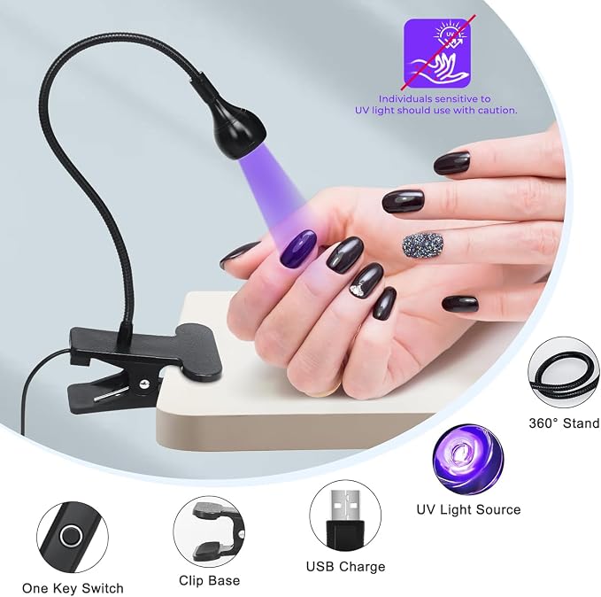 UV Nail Lamp - UV Light for Gel Nails, Flash Cure Lamp | LED Gooseneck Flash Cure Lamp for Nails, Manicure Dryer Black Light with Clamp, 365+395nm 5V 3W 4 Levels Dimming Black