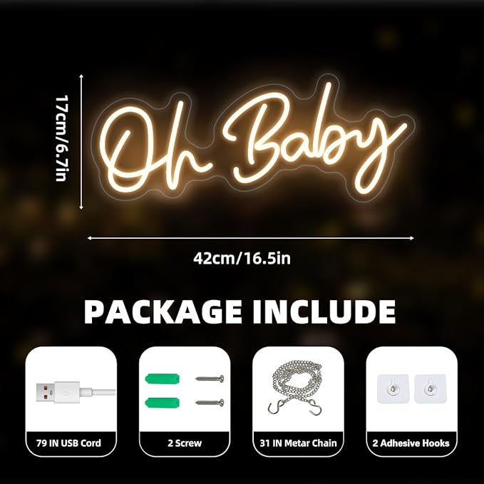 Oh Baby Neon Sign for Backdrop Wall Decor, Boy and Girl Baby Shower Decorations Led Light up Sign Compact 16.5x6.7 inch for Party Decor, Warm White