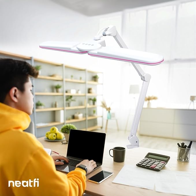 Neatfi Elite HD XL LED Desk Lamp | 3 Light Modes | Non-Polar Dimming | Eye-Caring Desk Light for Home Office, Drafting, Beauty Shop, Workbench (CCT with Clamp, Pink Ring, 17 Inches)