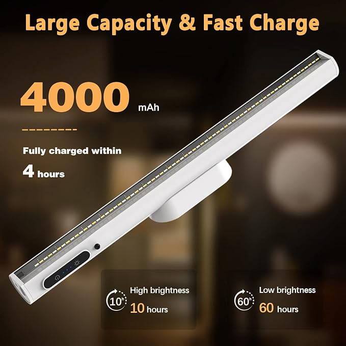 Rechargeable Magnetic LED Light Bar, 4000mAh Wireless Closet Light | Under Cabinet Lighting, Battery Powered Operated Wall Strip Light, Dimmable Lamp for Mirror Closet Picture Kitchen White