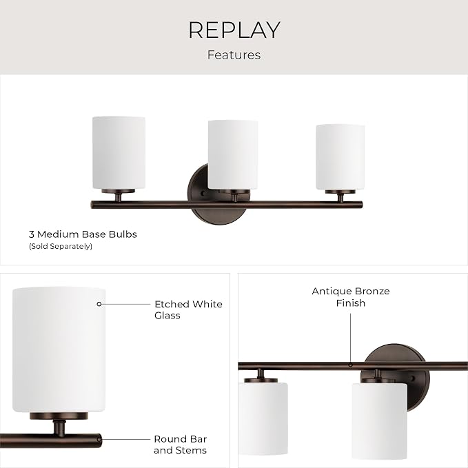 Progress Lighting Replay Collection 3 Light Bathroom Vanity Light, Modern Bath Lighting Fixture with Etched White Glass Shades for Over the Mirror, Reversible Mounting, Antique Bronze