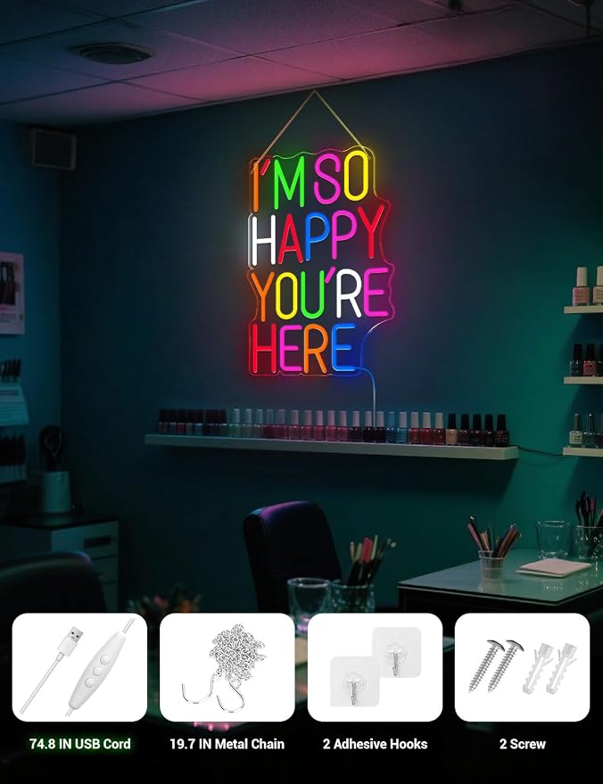 I'm So Happy You're Here Neon Sign, Welcom LED LED Neon Light Sign for Classroom & Kids Room, Positive Affirmation Wall Decor for Home, Cafe & Business, Colorful Letter Neon Sign (You're Here)