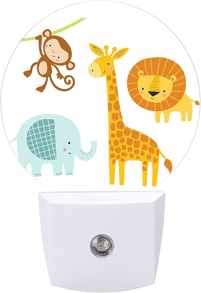 Round LED Night Light,Cute Jungle Animal LED Night Light Plug into Wall with Dusk to Dawn Light Sensor White Energy Efficient Nightlight for Bedroom Bathroom Hallway Living Room Kitchen