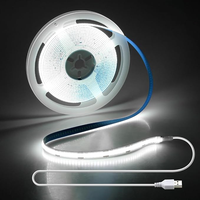 Aclorol COB LED Strip Light 5V USB White 6000K 13.12FT/4M 1280LEDs CRI85+ LED Light Strip for Bedroom Super Bright Tape Lights with 1M Cable for Under Cabinet Desks 3D Printer DIY Lighting Decor