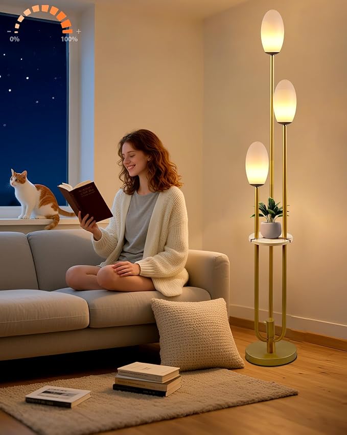 Lightdot Gold Dimmable Floor Lamp with Table, 63IN Mid-Century Oval Floor Lamps with Bulbs Included, 3-Lights Modern Tall Standing Lamp with 5Lbs Heavy Base for Living Room/Sofa Beside/Corner Decor