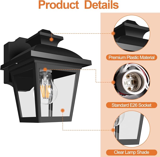 FUDESY Outdoor Wall Lanterns, 3000K Dimmable LED Edison FilamentBulb Included, Anti-Corrosion Plastic Materials, Black, P746-E26