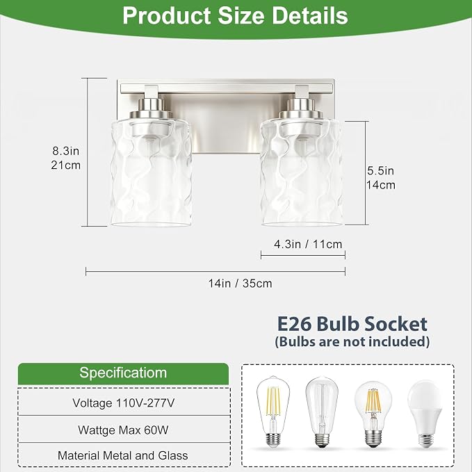 Modern Bathroom Lighting Fixtures Over Mirror, Vanity Lights for Bathroom, Wall Sconces with Clear Glass Shades, E26 Ceramic Socket, 2-Light 14-inch Brushed Nickel