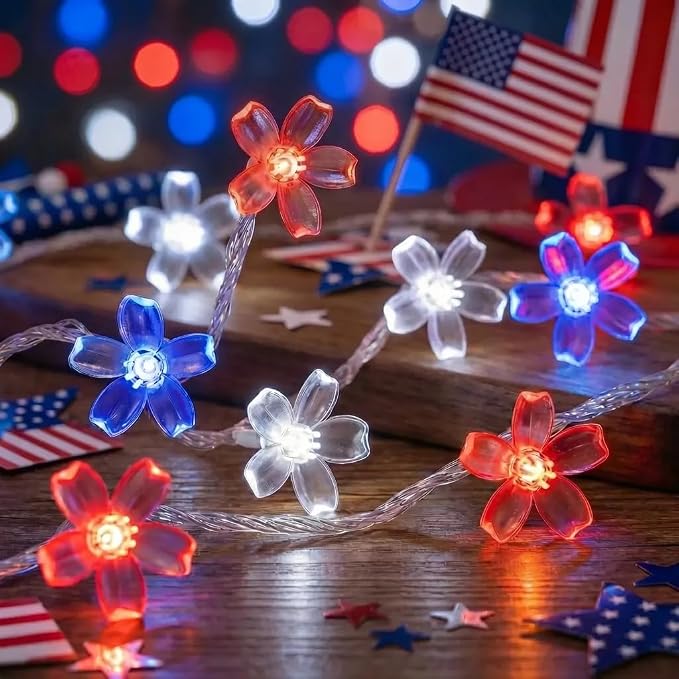 July 4th Independence Day Flower Battery Operated Indoor String Lights 30L | Red Blue White Cherry Blossom Outdoor Fairy Lights Waterproof Memorial Day