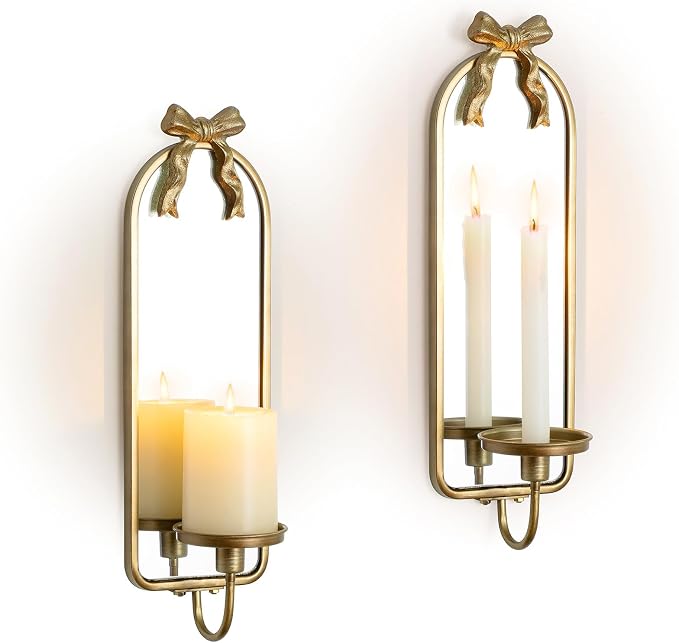 Gold Mirrored Candle Sconces Set of 2 with Arch Metal Frame | Wall Candle Holder, with Detachable Bow, Vintage French, for Pillars or Taper Candles, Beside Fireplace TV