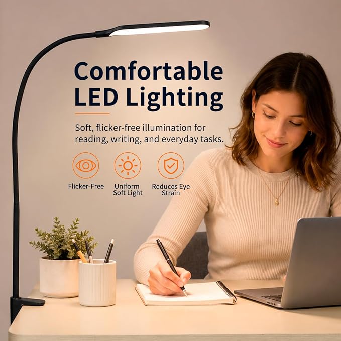 Long Gooseneck LED Clamp Desk Lamp, Eye-Caring Reading Light | Dimmable Clip on Lamp, 800LM, 3 Colors and 10 Modes, for Office Home Task
